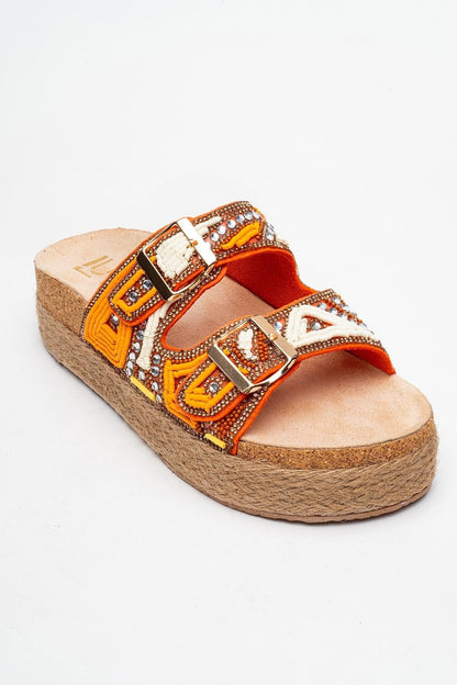 Bobby Orange Beaded Straw Platform Slide (Women)