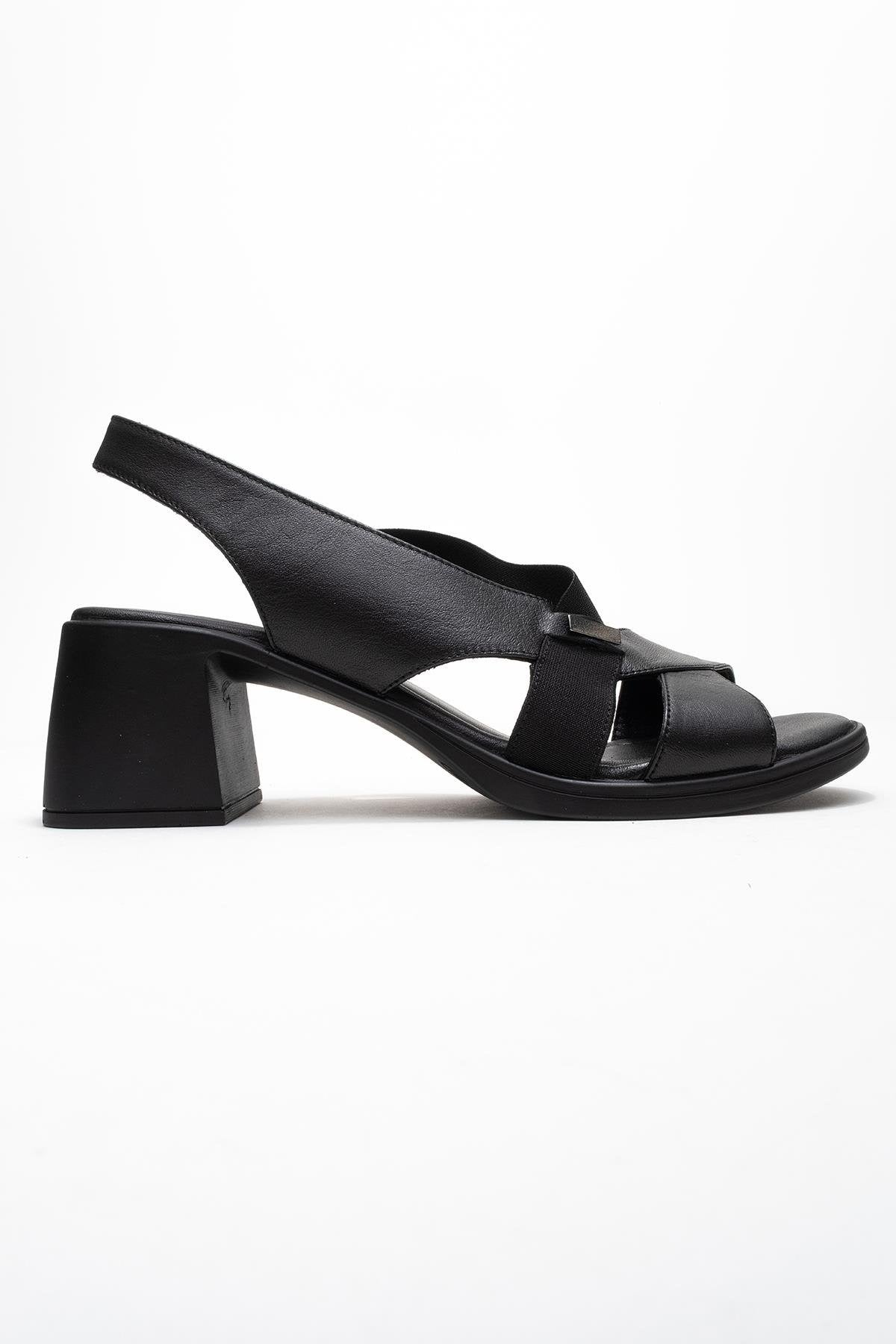 Crina Black Elasticated Leather Chunky Heel Sandal (Women)