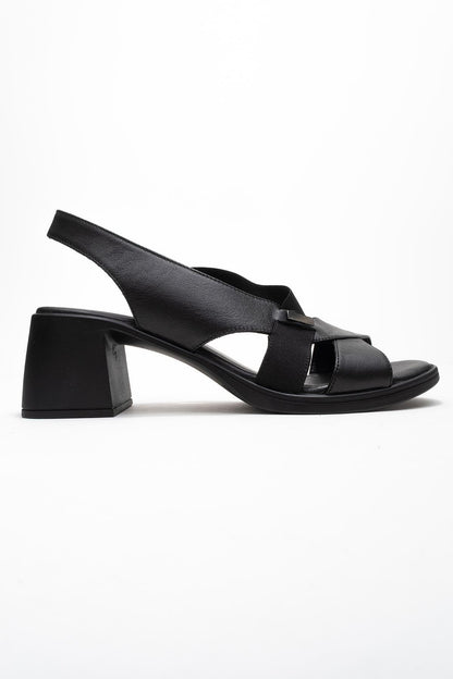 Crina Black Elasticated Leather Chunky Heel Sandal (Women)