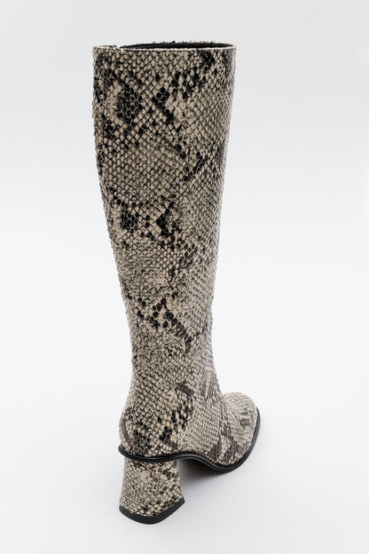 Elly Black White Pattern Block Heel Boot (Women)