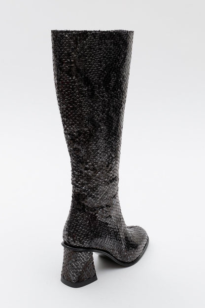 Elly Black Pattern Block Heel Boot (Women)
