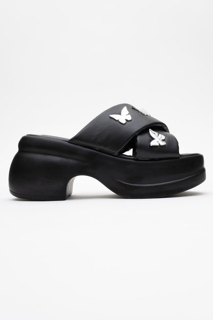 Force Black Butterfly‑Buckle Platform Slide (Women)