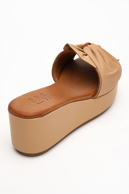 Syndra - Dark Beige Bow Wedge Leather Sandal (Women)