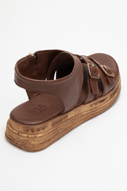 Levine Brown Leather Buckled Side-Zip Sandal (Women)