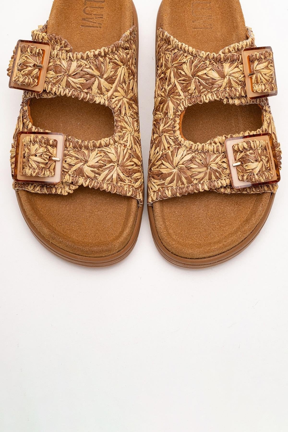 Milana Cognac Brown Leather Double‑Strap Slide (Women)