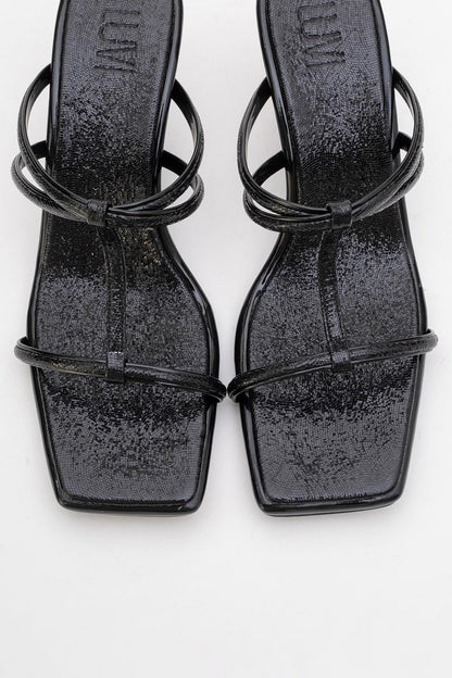 Mocha Black Pattern Square‑Toe Thin‑Strap Heel Sandal (Women)