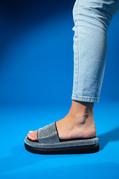 Oeste Black Rhinestone Platform Slide (Women)