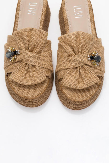 Shara Beige Braided Bow & Bee Buckle Platform Sandal (Women)