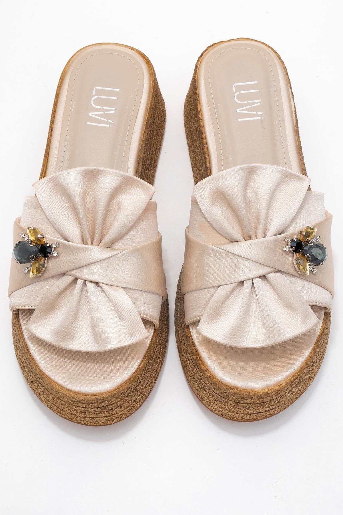 Shara Beige Satin Bow & Bee Buckle Platform Sandal (Women)