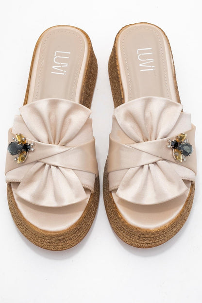 Shara Beige Satin Bow & Bee Buckle Platform Sandal (Women)