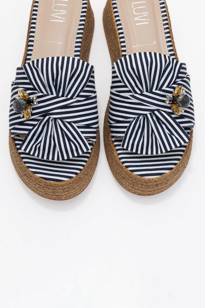 Shara Navy & White Striped Bow & Bee Buckle Platform Sandal (Women)