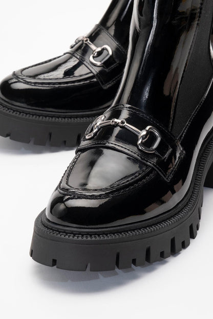 Vesper Black Patent Buckled Chelsea Boot (Women)