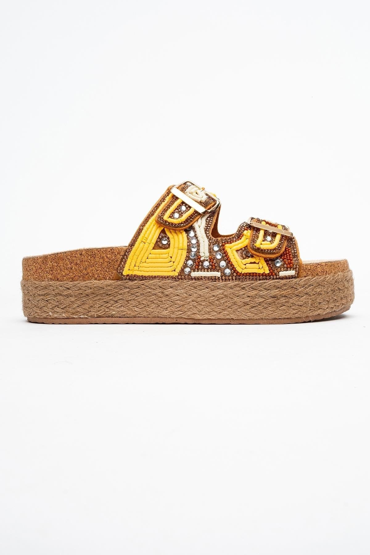Bobby Yellow Beaded Straw Platform Slide (Women)