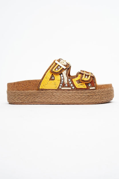 Bobby Yellow Beaded Straw Platform Slide (Women)