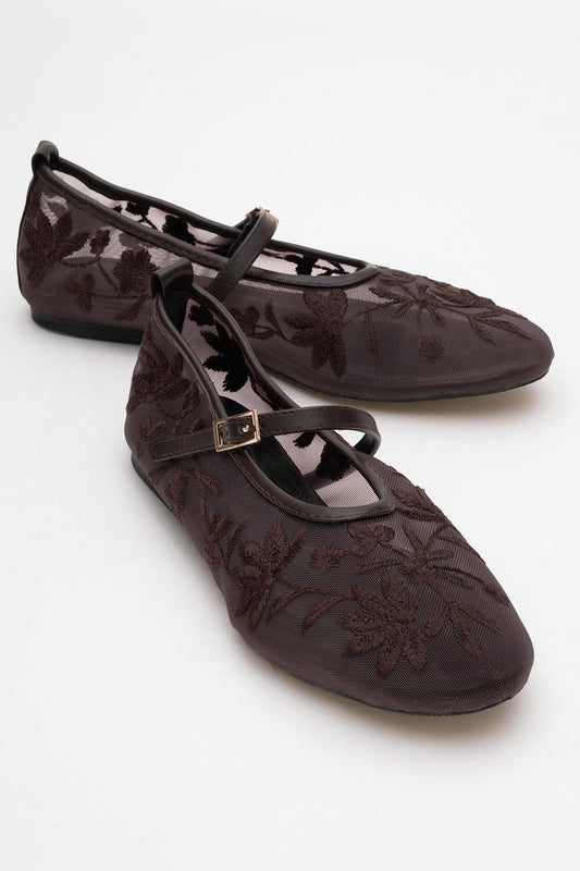 Juny Brown Mesh Floral Embroidery Ballet Flat (Women)