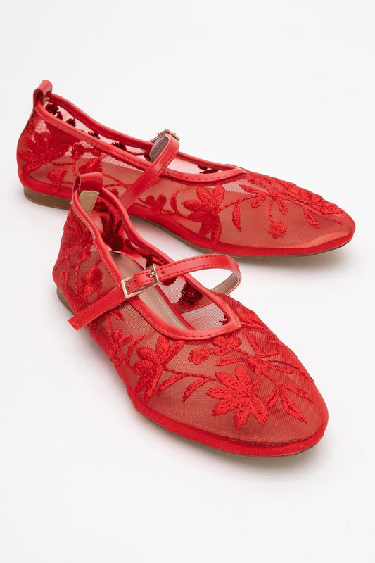 Juny Red Mesh Floral Embroidery Ballet Flat (Women)