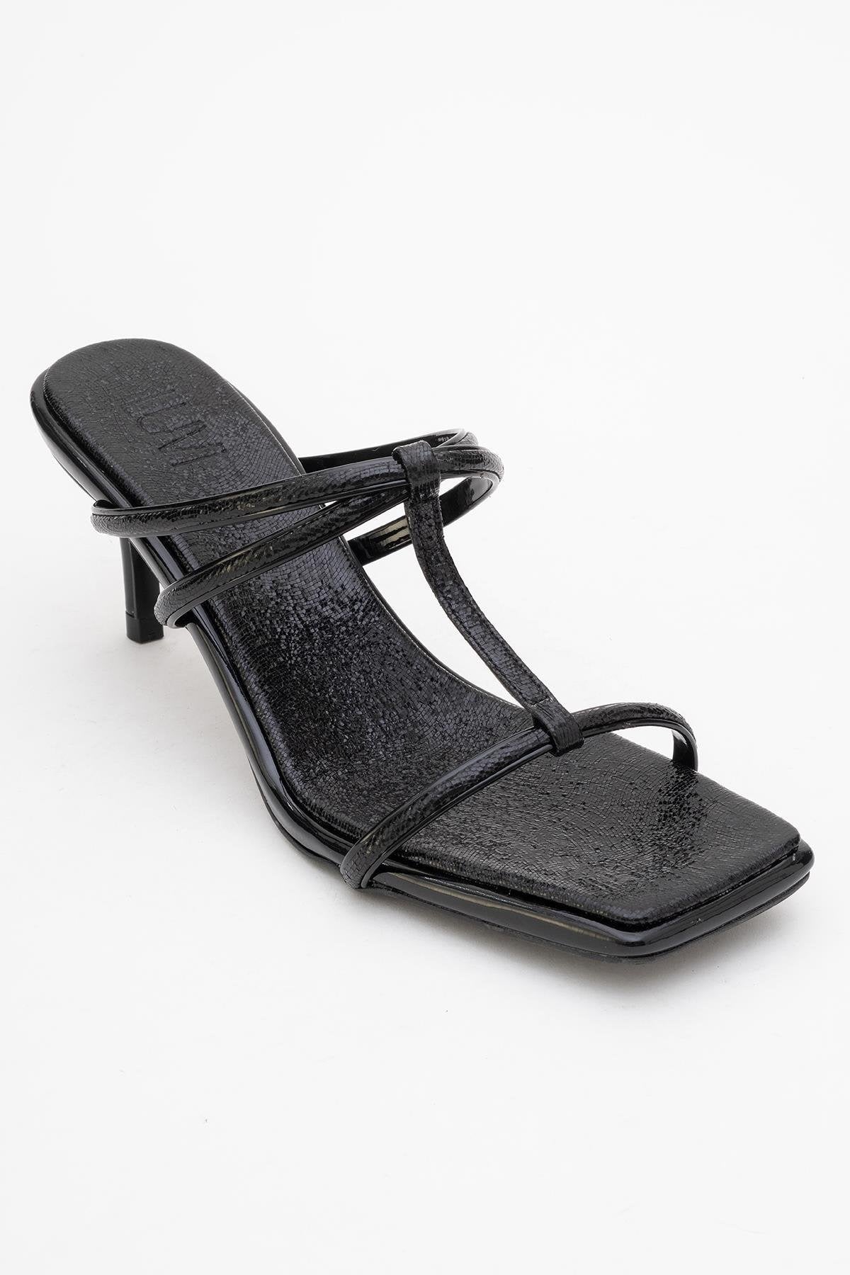 Mocha Black Pattern Square‑Toe Thin‑Strap Heel Sandal (Women)