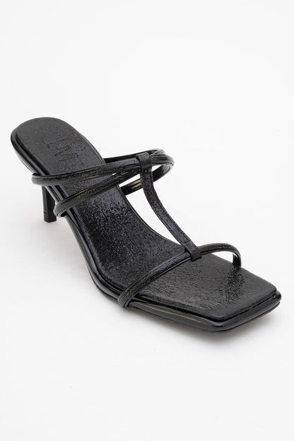 Mocha Black Pattern Square‑Toe Thin‑Strap Heel Sandal (Women)