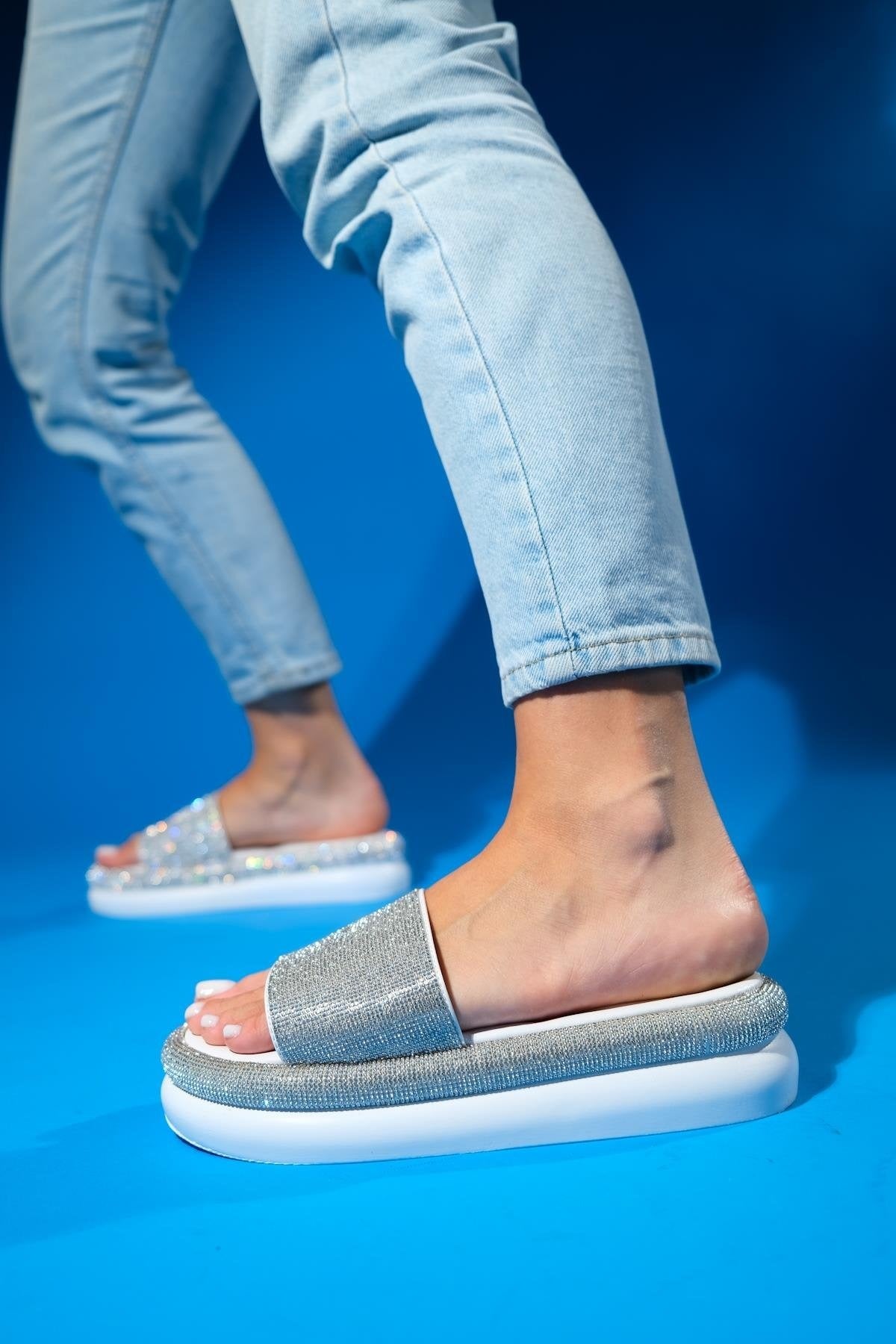 Oeste White Rhinestone Platform Slide (Women)