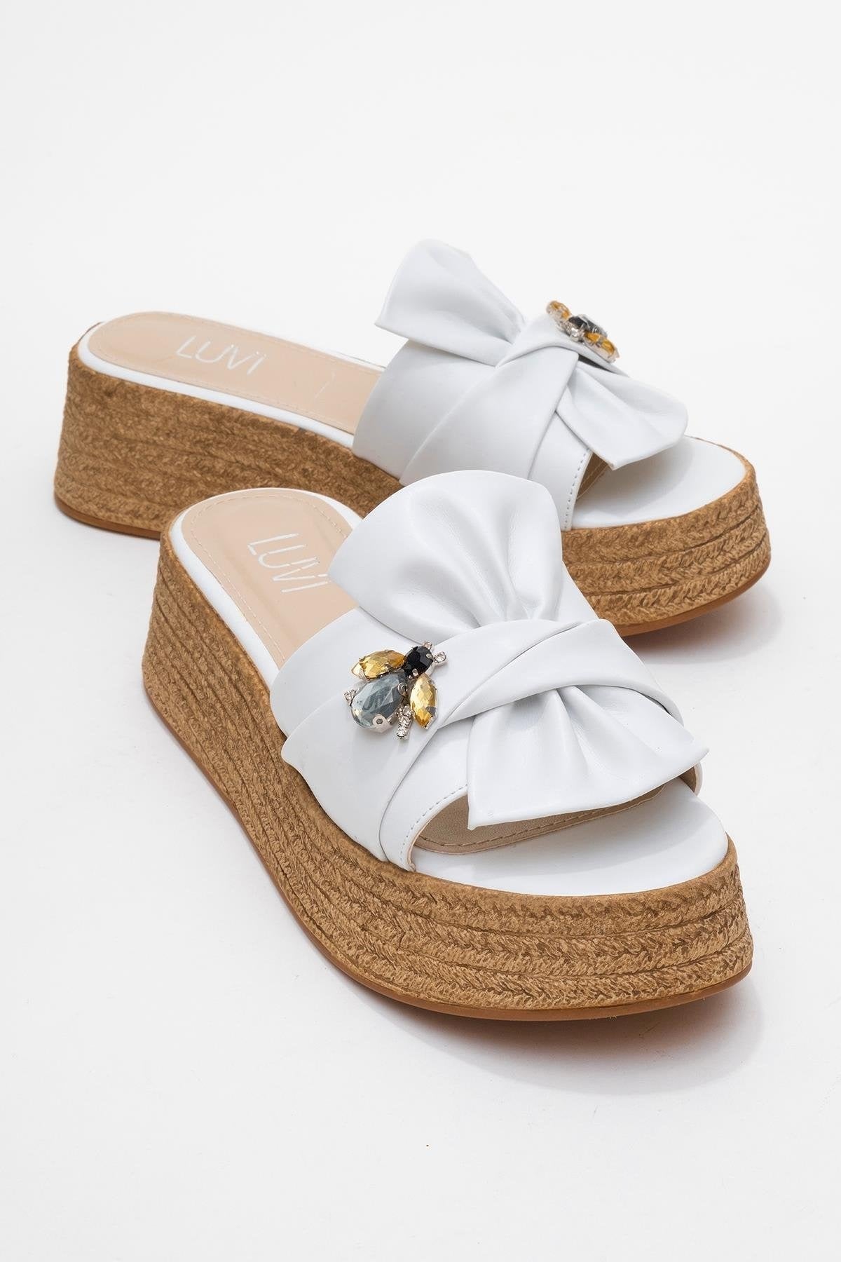 Shara White Bow & Bee Buckle Platform Sandal (Women)
