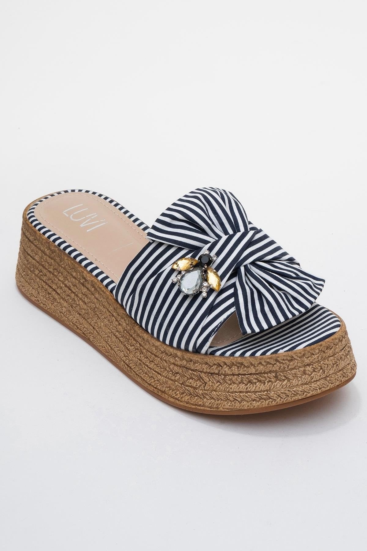 Shara Navy & White Striped Bow & Bee Buckle Platform Sandal (Women)