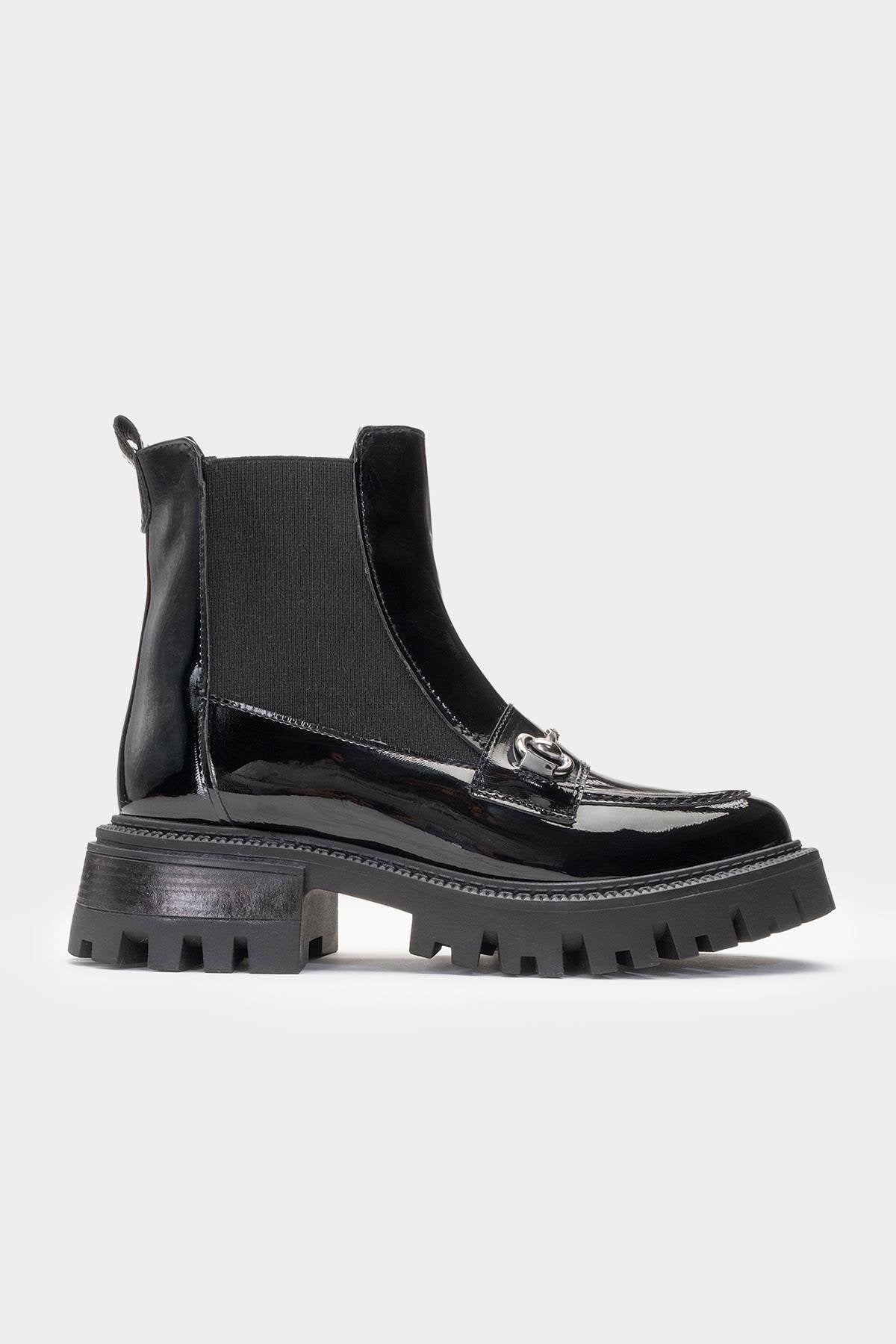 Vesper Black Patent Buckled Chelsea Boot (Women)