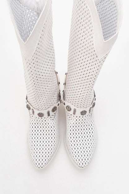 Liza White Block Heel Western Boot (Women)