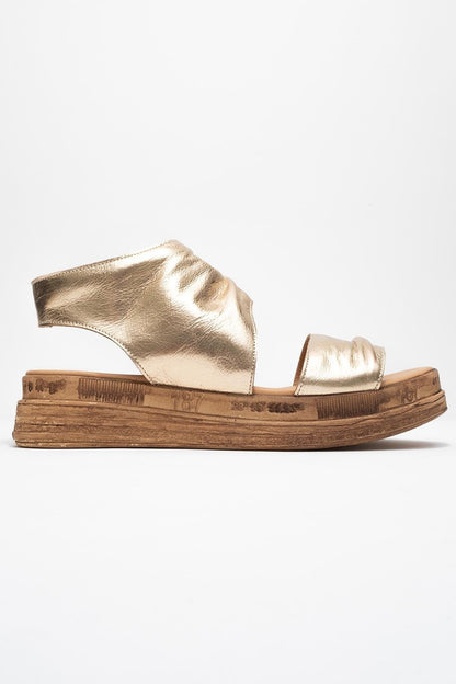 Lunas Gold Leather Side‑Zip Flat Heel Sandal (Women)