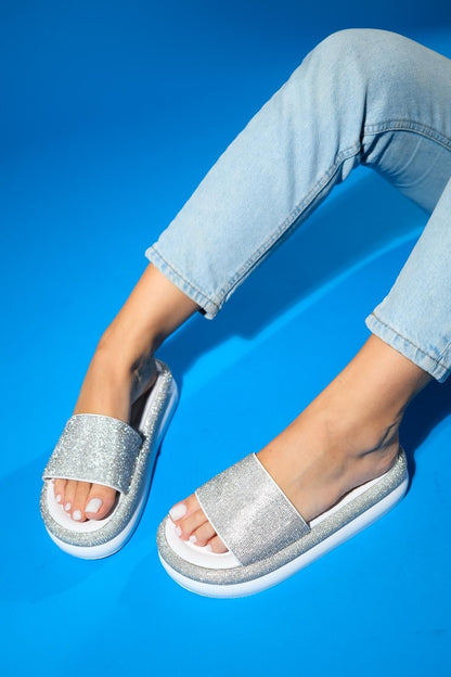 Oeste White Rhinestone Platform Slide (Women)