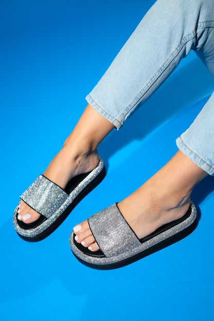 Oeste Black Rhinestone Platform Slide (Women)