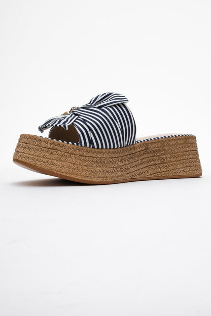 Shara Navy & White Striped Bow & Bee Buckle Platform Sandal (Women)
