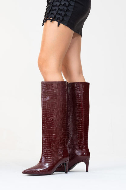 Camila Burgundy Printed Knee High Boot (Women)