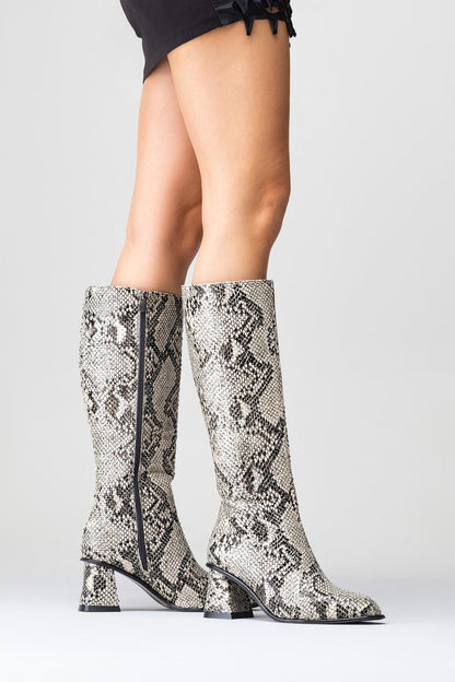 Elly Black White Pattern Block Heel Boot (Women)