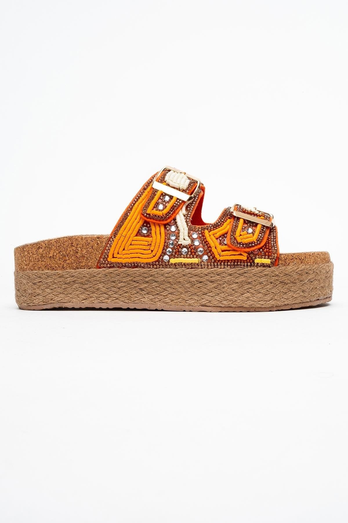 Bobby Orange Beaded Straw Platform Slide (Women)