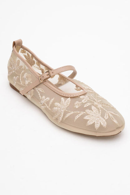 Juny Beige Mesh Floral Embroidery Ballet Flat (Women)