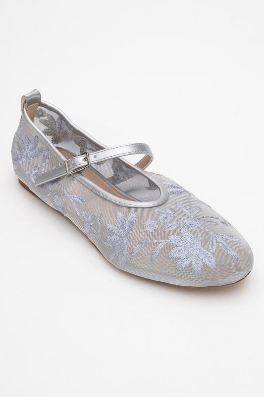 Bailarinas planas Juny con bordado floral de malla gris (Mujer)