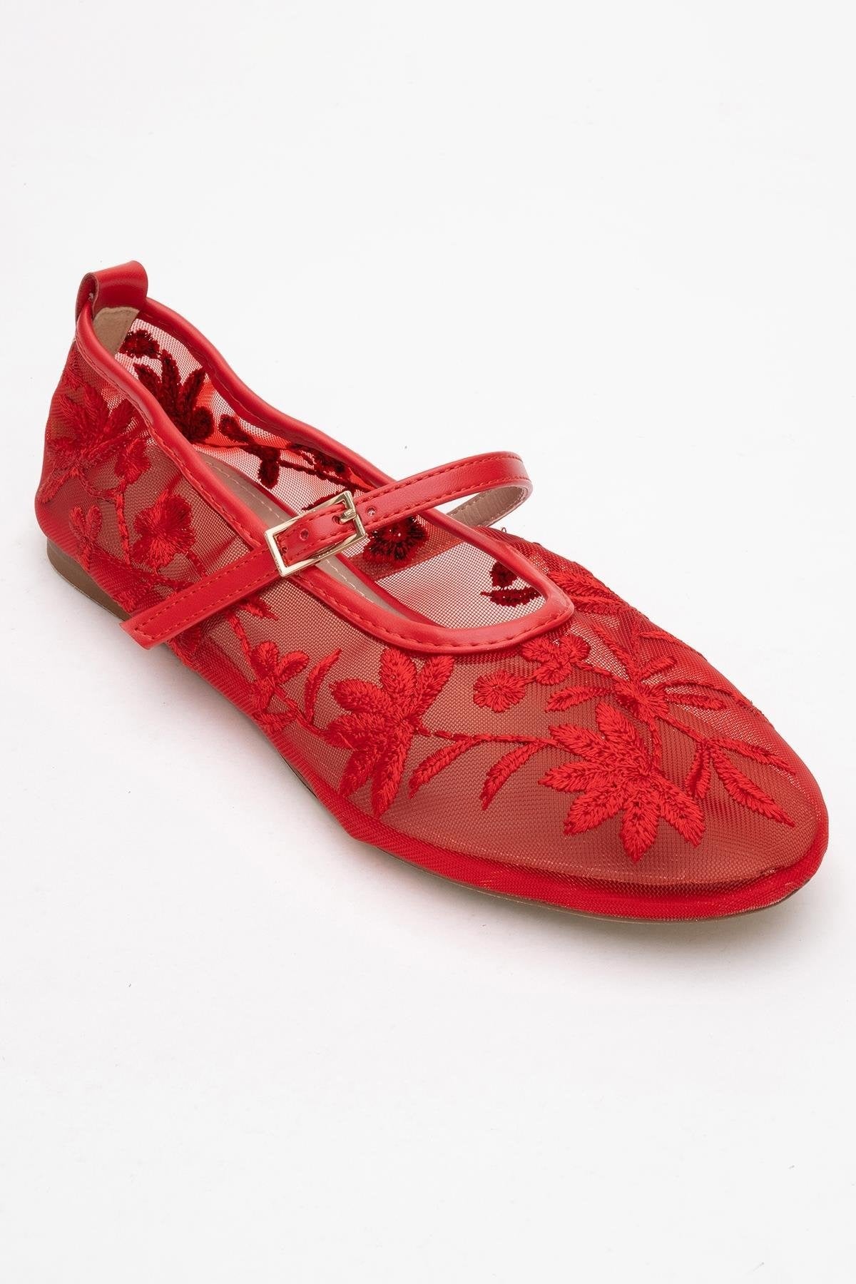 Juny Red Mesh Floral Embroidery Ballet Flat (Women)