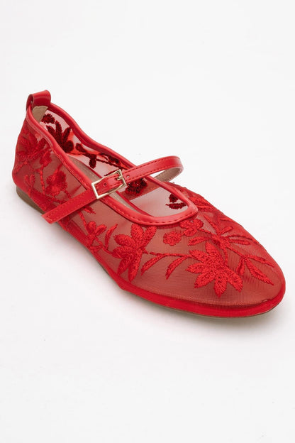 Juny Red Mesh Floral Embroidery Ballet Flat (Women)