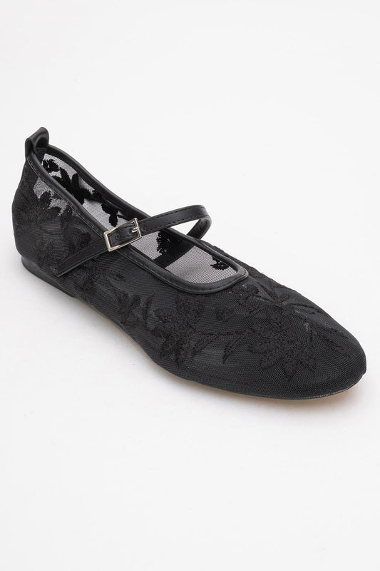 Bailarinas planas Juny con bordado floral de malla negra (Mujer)