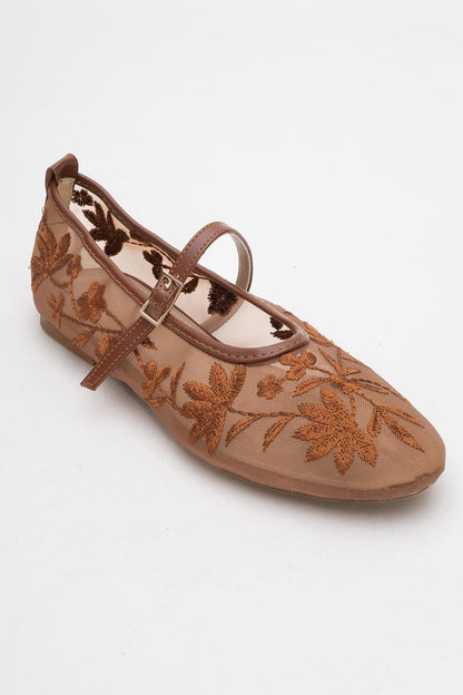 Juny Cognac Brown Mesh Floral Embroidery Ballet Flat (Women)