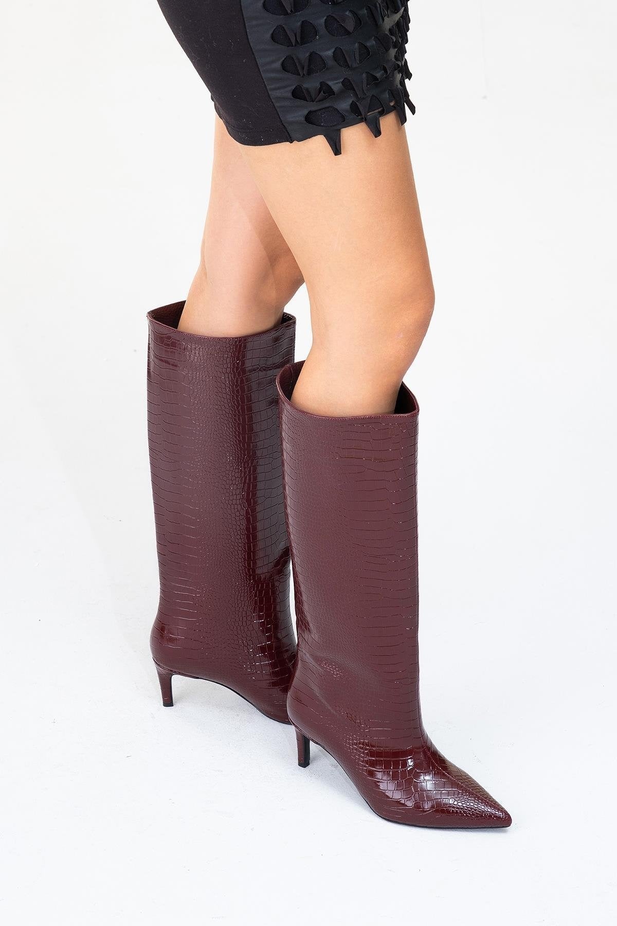 Camila Burgundy Printed Knee High Boot (Women)