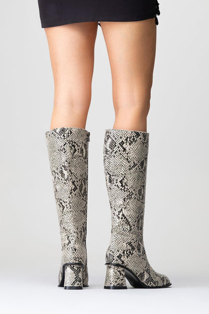 Elly Black White Pattern Block Heel Boot (Women)