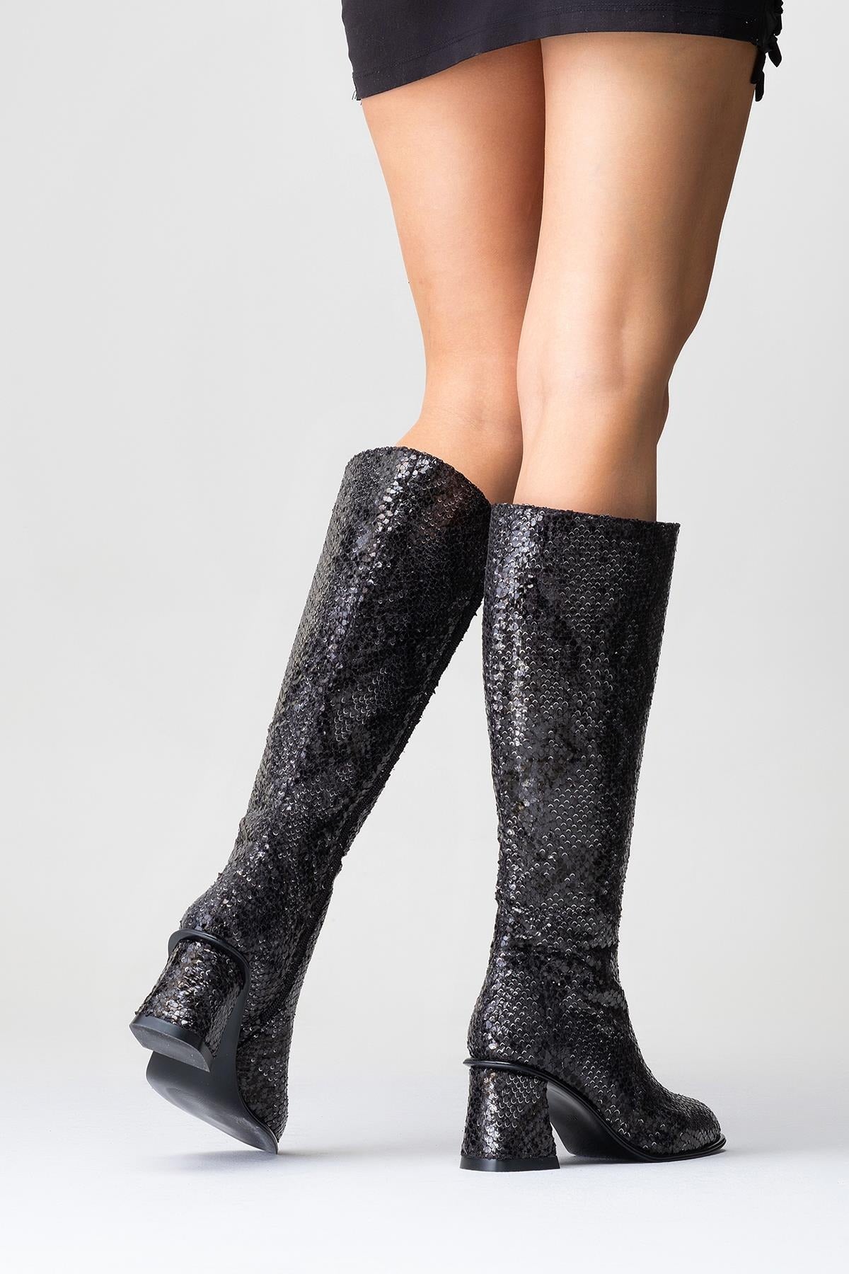 Elly Black Pattern Block Heel Boot (Women)