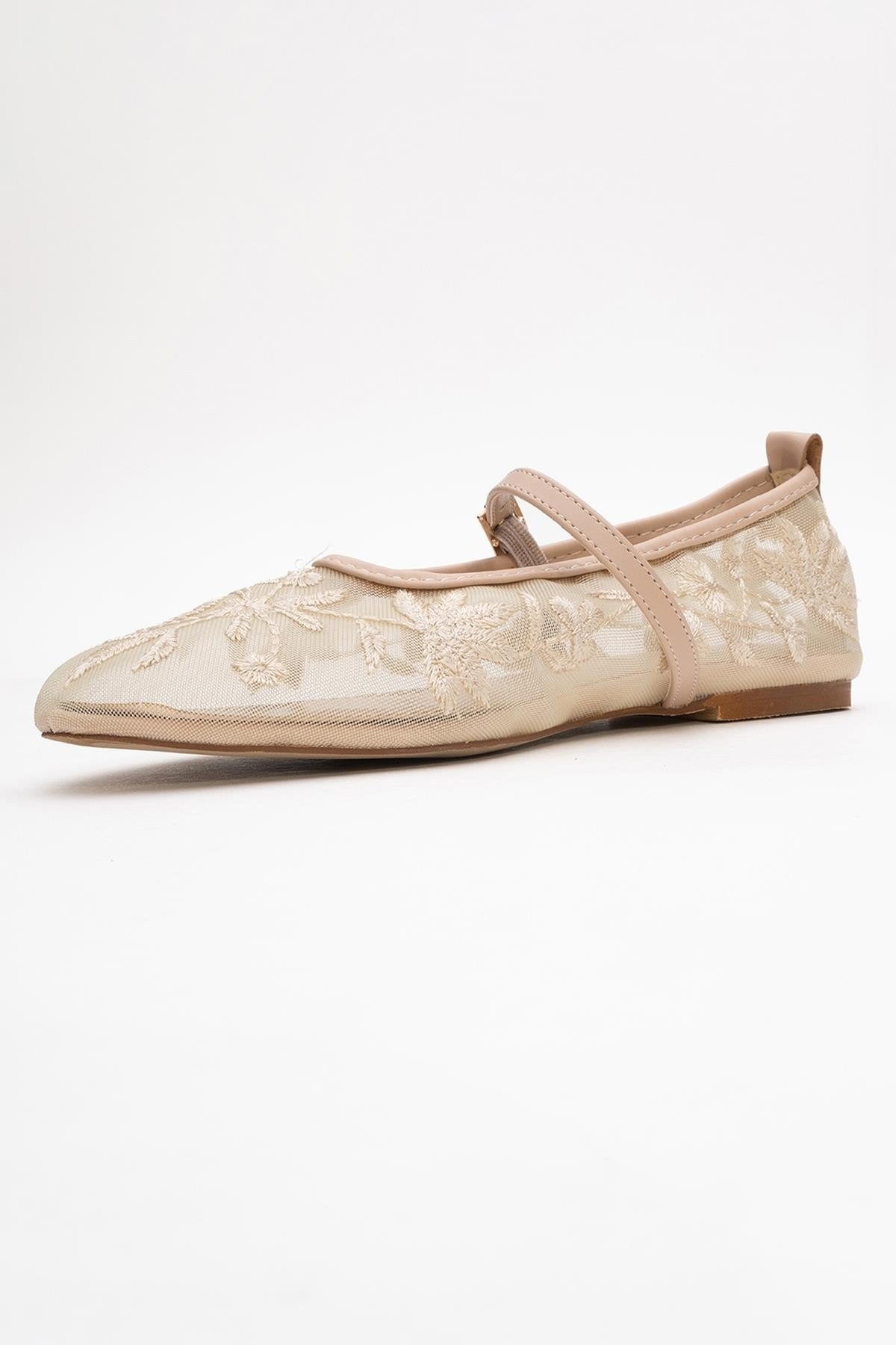 Juny Beige Mesh Floral Embroidery Ballet Flat (Women)