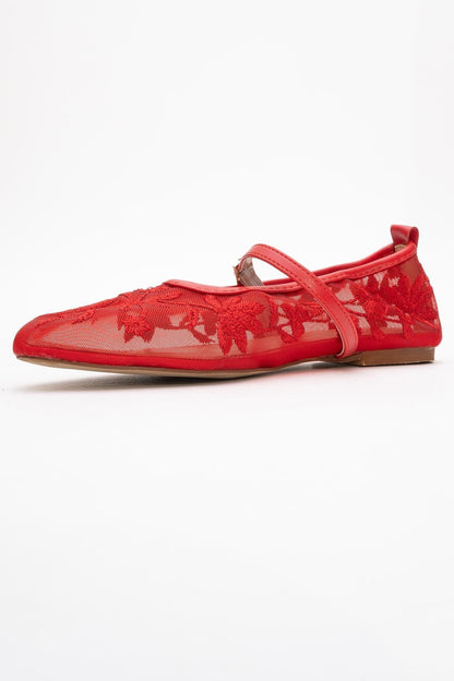 Juny Red Mesh Floral Embroidery Ballet Flat (Women)