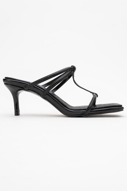 Mocha Black Pattern Square‑Toe Thin‑Strap Heel Sandal (Women)