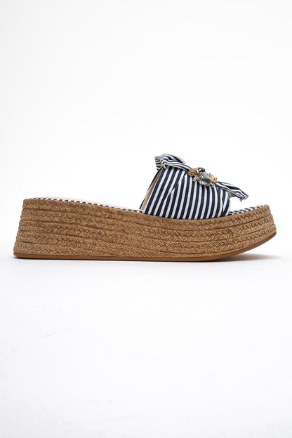 Shara Navy & White Striped Bow & Bee Buckle Platform Sandal (Women)