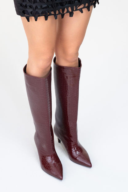 Camila Burgundy Printed Knee High Boot (Women)