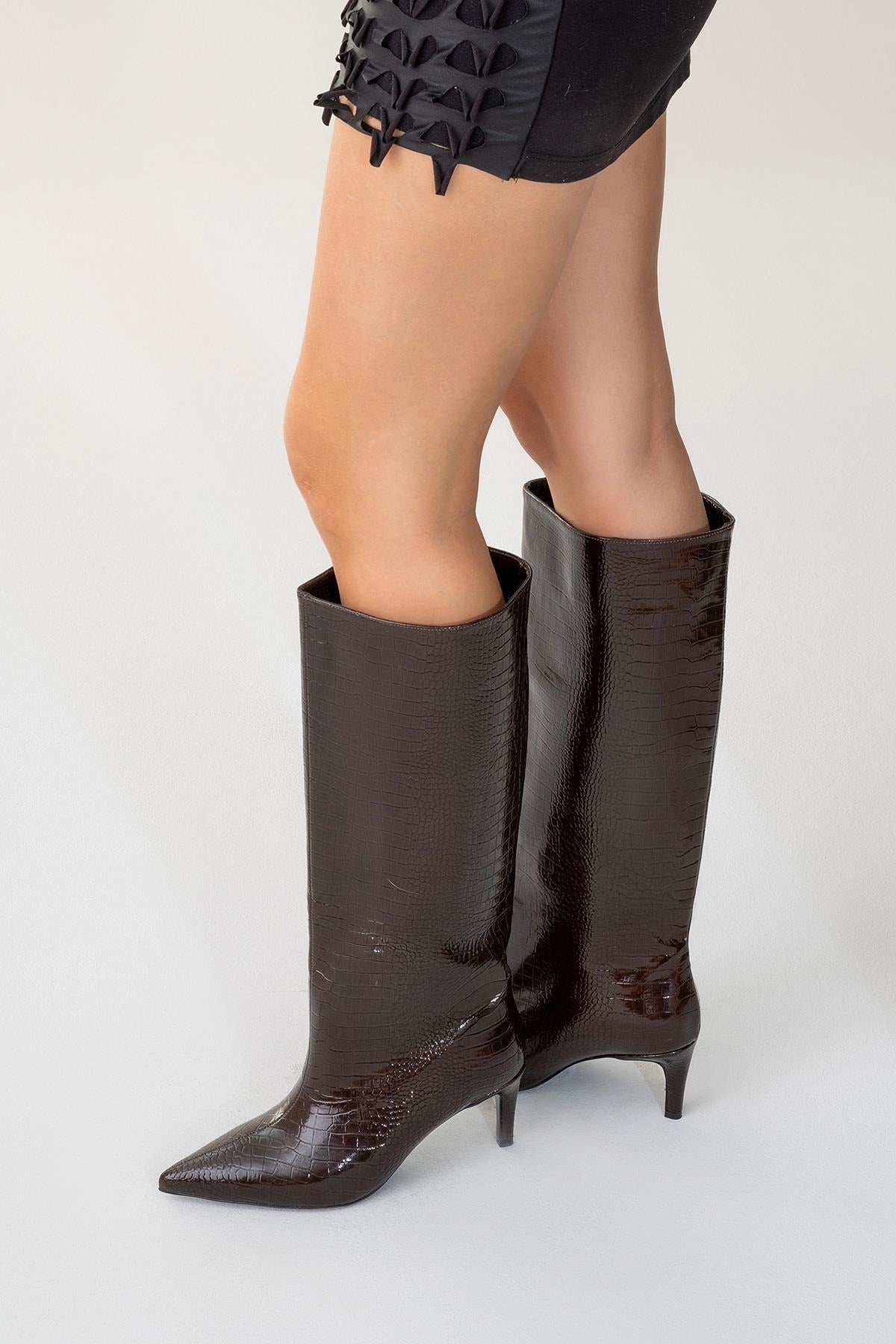 Camila Brown Printed Knee High Boot (Women)