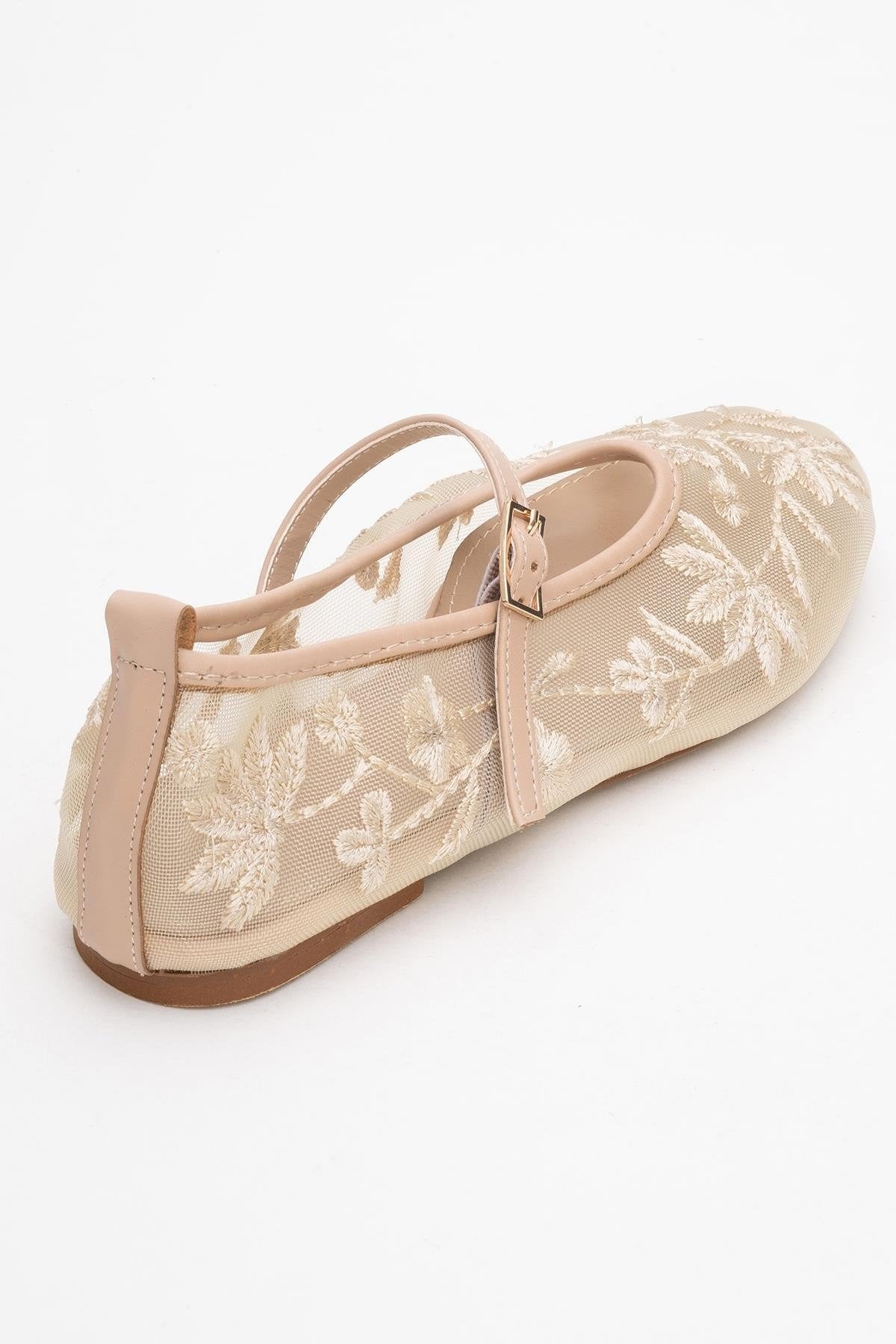 Juny Beige Mesh Floral Embroidery Ballet Flat (Women)
